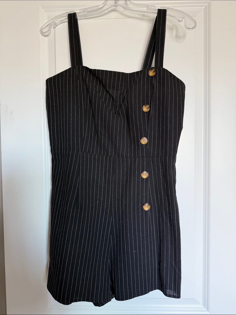 Active USA Black Pinstripe Button-Front Romper